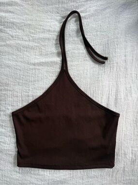 Tie Halter Ribbed Crop Going Out Top - Brown